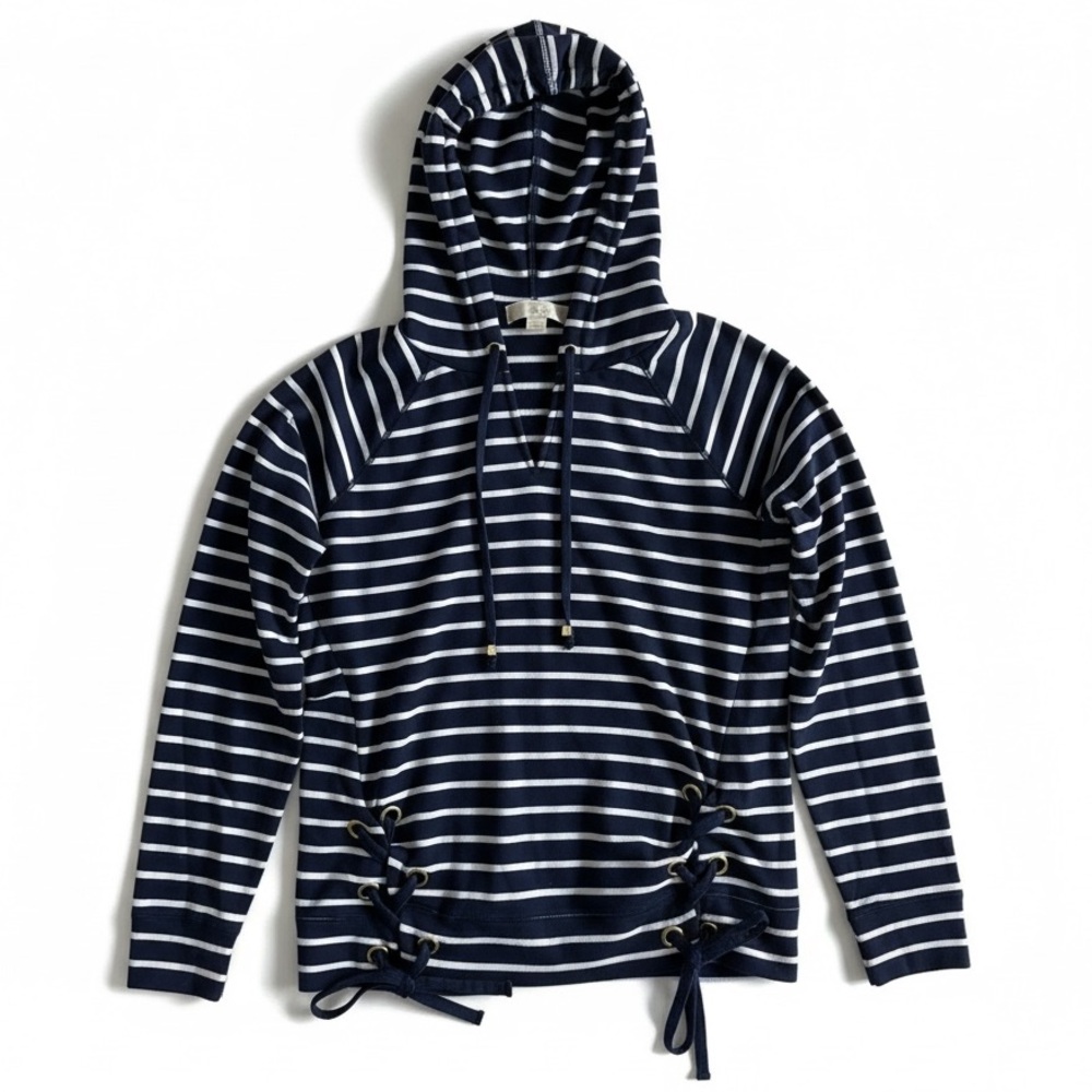 Michael Kors Striped Hooded Sweatshirt Nautical Resort Beach Casual Navy White M